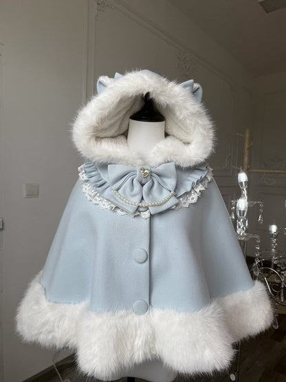 Fur Hooded Baby Cape Winter Blue Trim Woolen Lolita Faux Cat-Ear