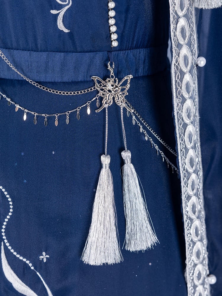 Long Night Dreamy Embroidery Chains Starry Set Blue Cloak with Butterfly + Dress Dark