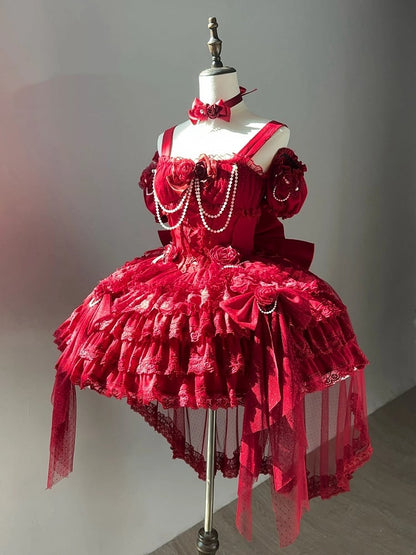 ウエストフラワーバスク裾フェアリースカートドレスジャンパーティアードレッドロリータ花嫁