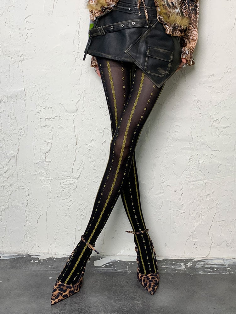 パンクなブラックY2Kプリントデザインタイツ