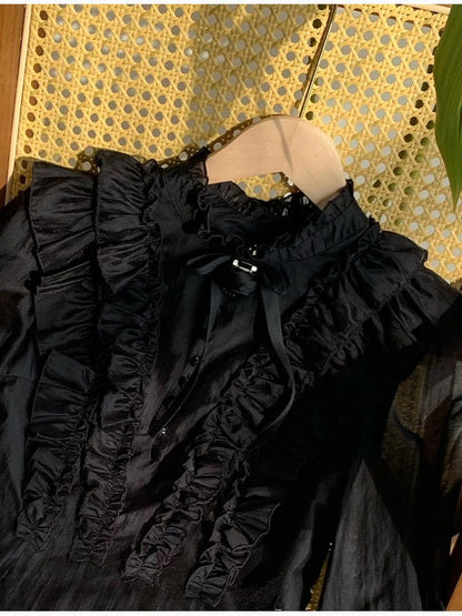 Black Lolita Balloon Sleeves Blouse with Rose Brooch - With PUJI