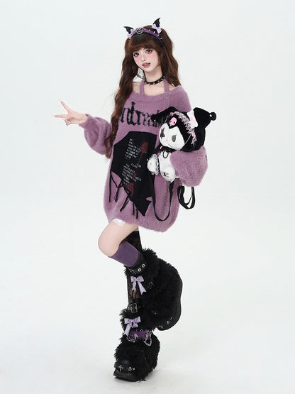 Sweater Halter Loose Letter Graphic Purple Neck Bittersweet