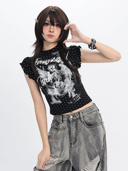 Black White Flutter Sleeve Top with Angel Skeleton Print - Catwish