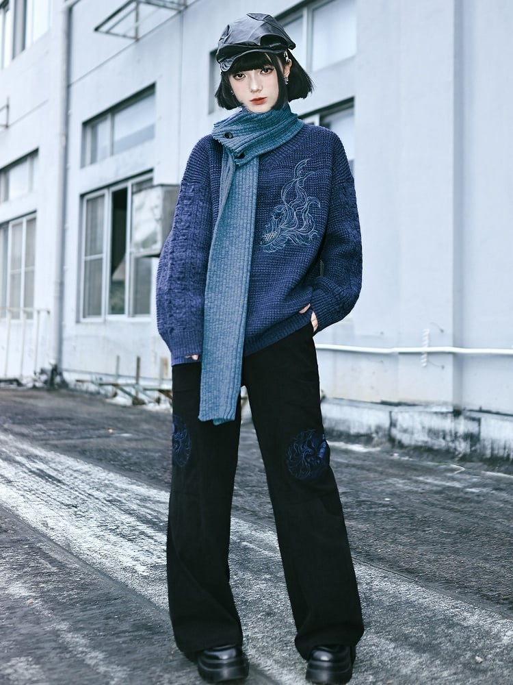 Scarf with Set Embroidery Gothic Goldfish Sweater V-Neck Blue