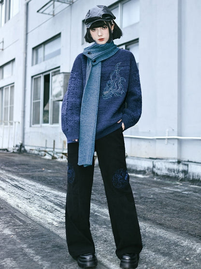 Scarf with Set Embroidery Gothic Goldfish Sweater V-Neck Blue