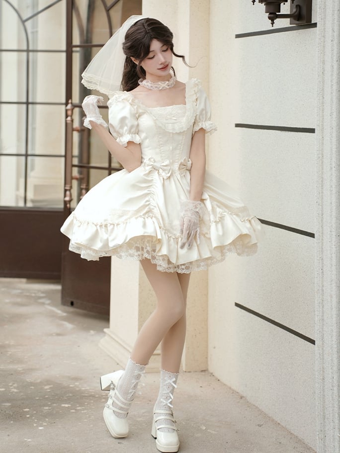 Dress Beige and Sleeves Lolita Elegant Puff Short Neckline Classic Square