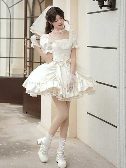 Dress Beige and Sleeves Lolita Elegant Puff Short Neckline Classic Square