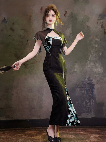 Cheongsam Style Side Slit Gown with Dark Floral Embroidery Back & Flutter Sleeves - sijinstudio