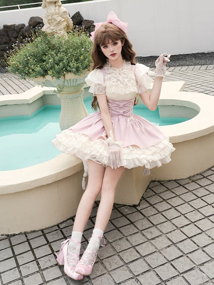 アンダーベージュJSKディテールキャミトップピンク+バストレースアップブラウスロリータ