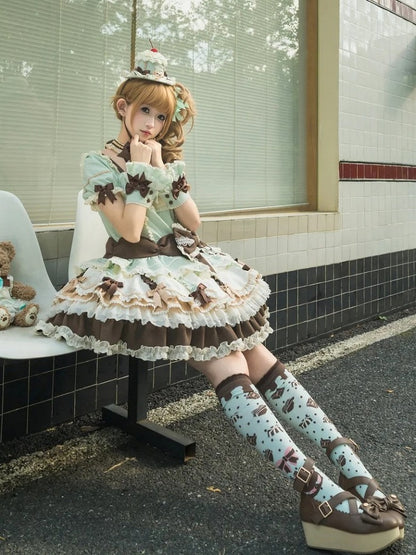 Waist Mint Bowknot Green Chocolate Details Lolita Dropped Layered Dress Sweet Hem