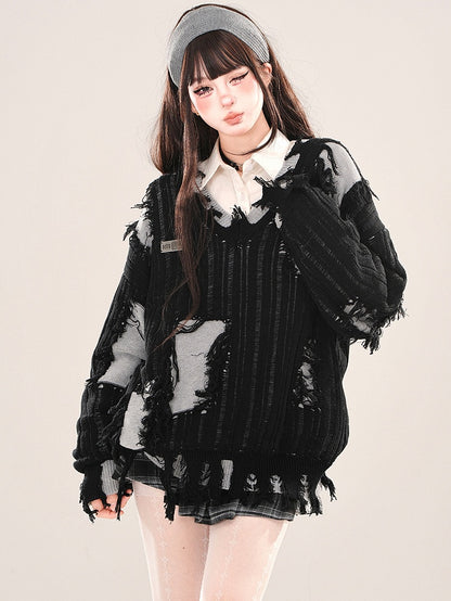 ブラック/グレー ダメージ加工 ホールズ フェイクツーピース Vネック ルーズセーター