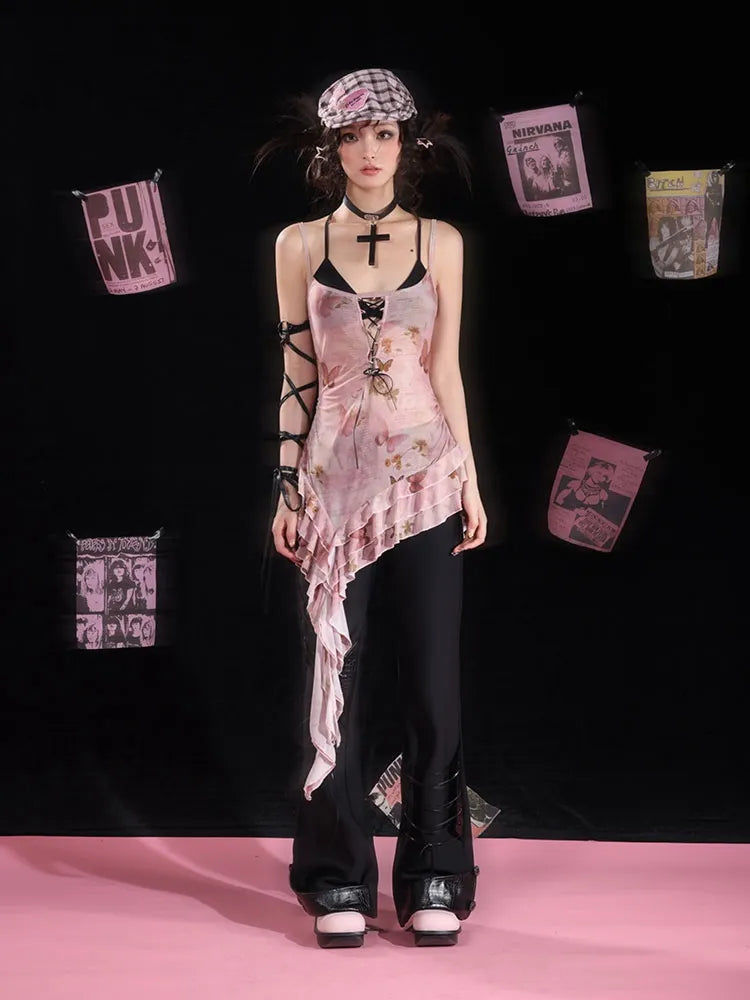 フレアディテール レースアップパンツ ブラック