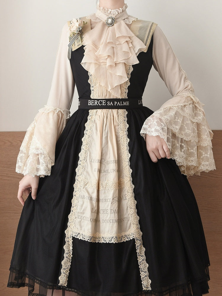 Beige Bluse mit Jabot-Krawatte, Rüschenausschnitt und langen Glockenärmeln