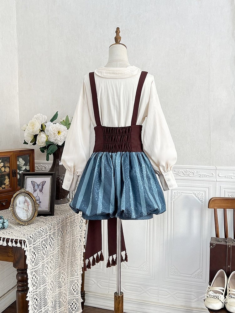 Brown Blue Striped Bow Decorated Overall Shorts Design - Xiong Dou Jiang