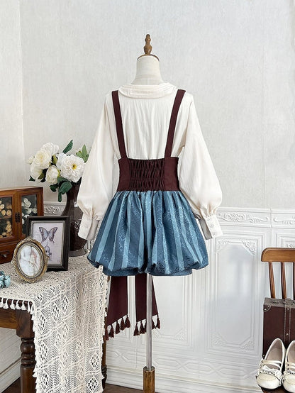 Brown Blue Striped Bow Decorated Overall Shorts Design - Xiong Dou Jiang