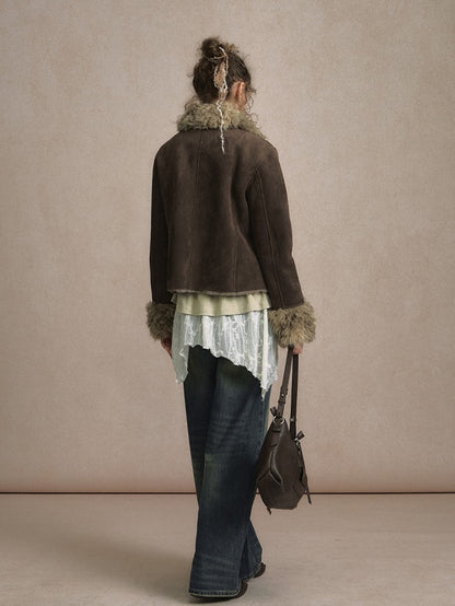 Lining Tie Details with Coat and Bow Faux Suede Brown Plush