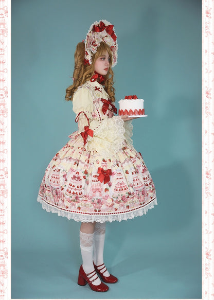 Bow Yellow and Desserts Accents Set Print Strawberry / Full Lolita Sweet JSK