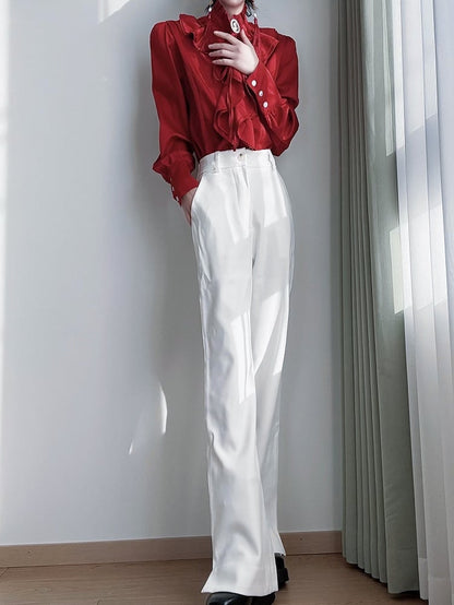 Red Blouse Jabot High-Collar Gothic with Prince Ruffled