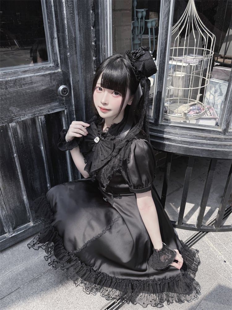 Back Bow Tie Black Ruffled Lace Trim Self-tie + Jirai Kei Chiffon Dress