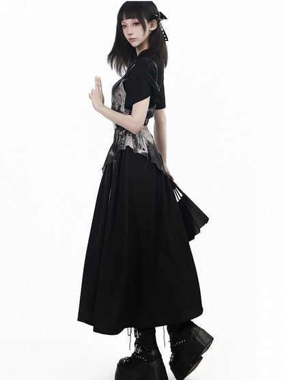 Black Asymmetric Cami Long Dress with Ink Print - PINK SAVIOR
