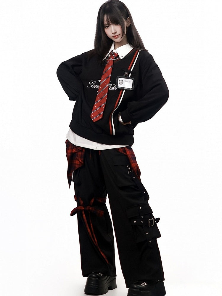 Black Straight-Leg Cargo Trousers with 3D Pockets - PINK SAVIOR