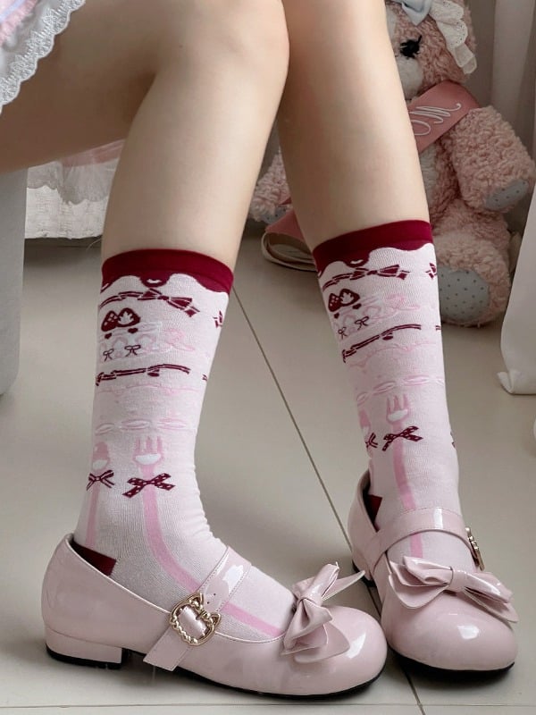 Cute Pink Lolita Calf Socks with Bow Print Pattern - The Private Collection of Xiaowanzi