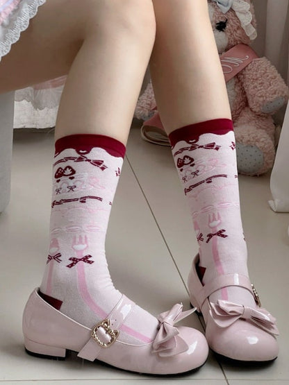 Cute Pink Lolita Calf Socks with Bow Print Pattern - The Private Collection of Xiaowanzi