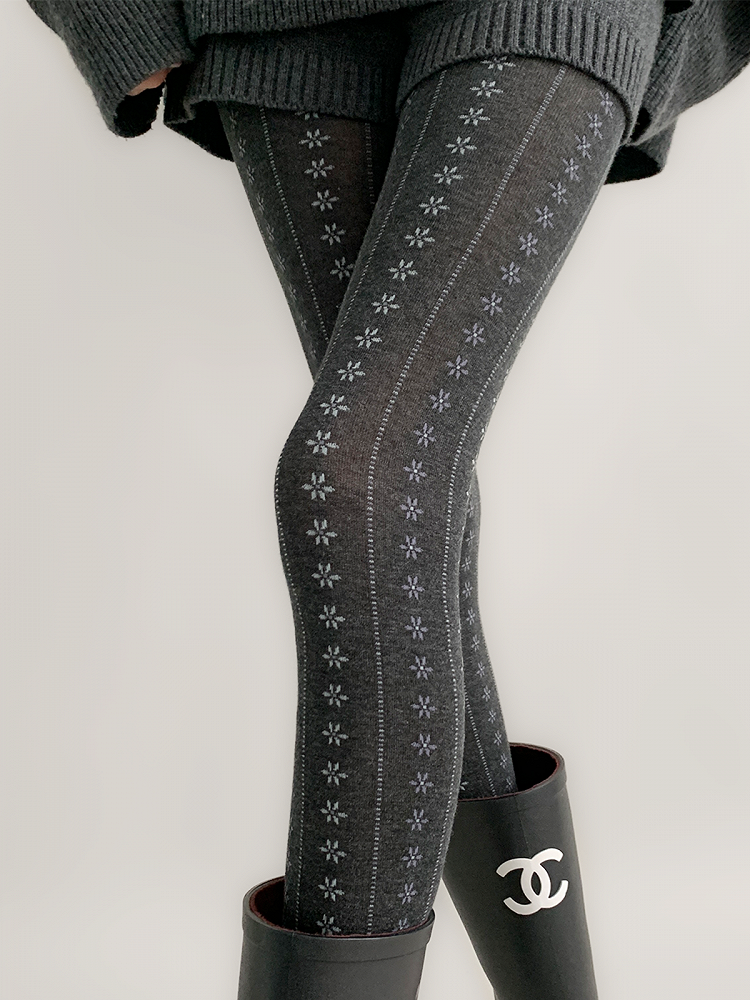 Floral Dark Tights Gray/Khaki Warm Pattern Ribbed