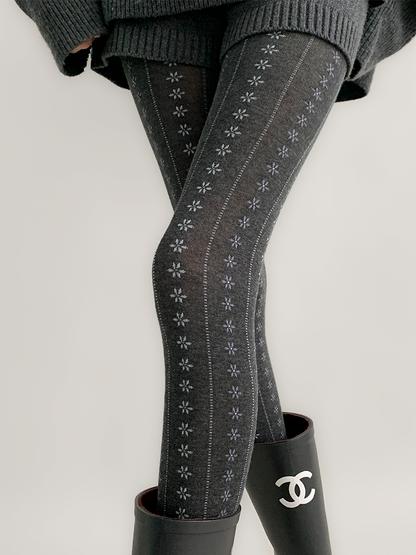 Floral Dark Tights Gray/Khaki Warm Pattern Ribbed