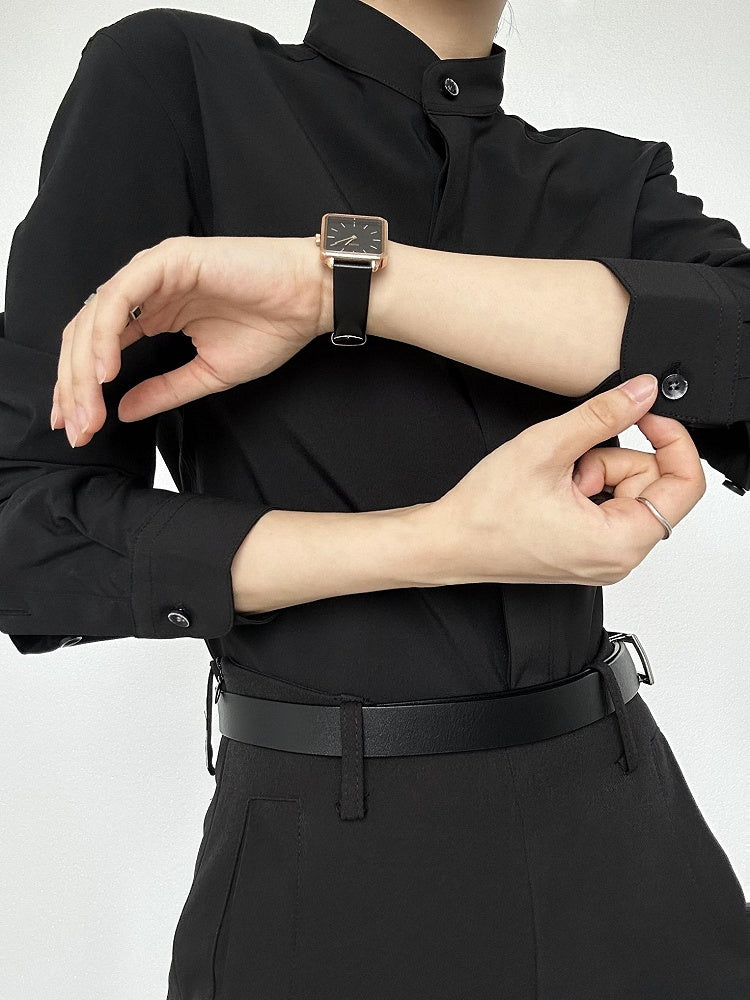 Ouji Lolita Black Unisex Mandarin Collar Long Sleeve Shirt with Button-Down Front