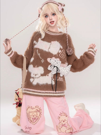 かわいい子犬が飾られたコーヒー/アプリコットの子犬柄ラウンドネックモヘアセーター