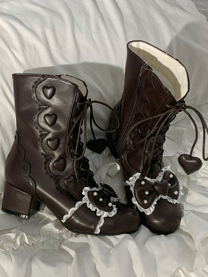 Heart Bow Hybrid Details Mid System in Block Closure Heel Boots Top Brown Beadwork Elegant Lolita PU with