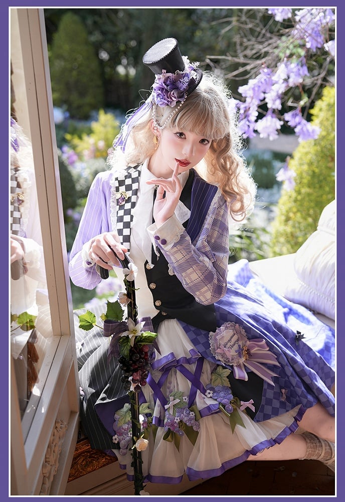 Waistcoat Tops - Blazer Cropped Ouji Set Half-plaid Half-stripes Purple Lolita Half-black + Half-white Backless Pattern
