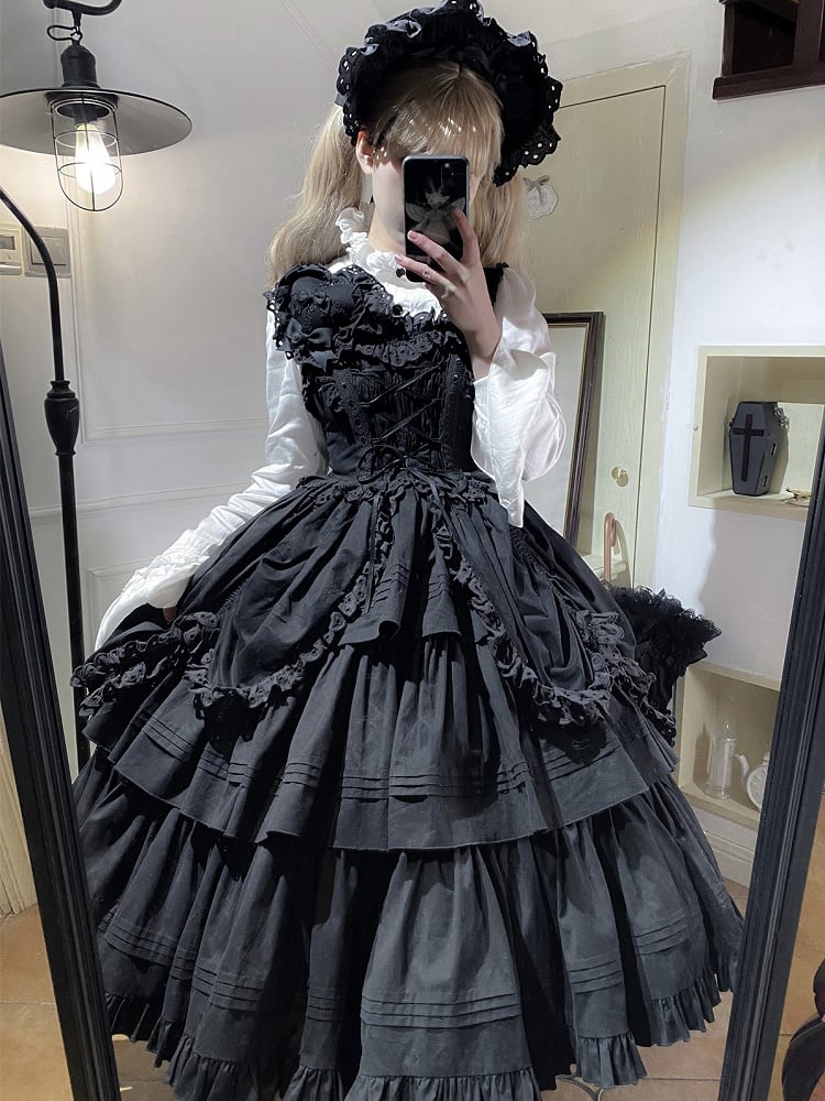 Heart-shaped Lolita Version Bowknots Black Dress and with Long JSK Ruffled Gothic Decoration