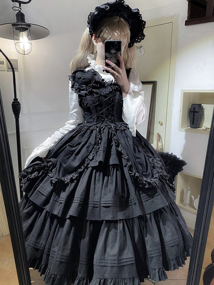 Heart-shaped Lolita Version Bowknots Black Dress and with Long JSK Ruffled Gothic Decoration