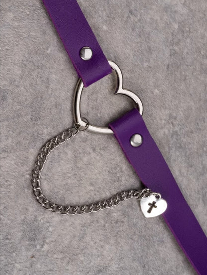 Chain And Heart Cut-out Gothic Choker Pendant Purple Cross-shaped