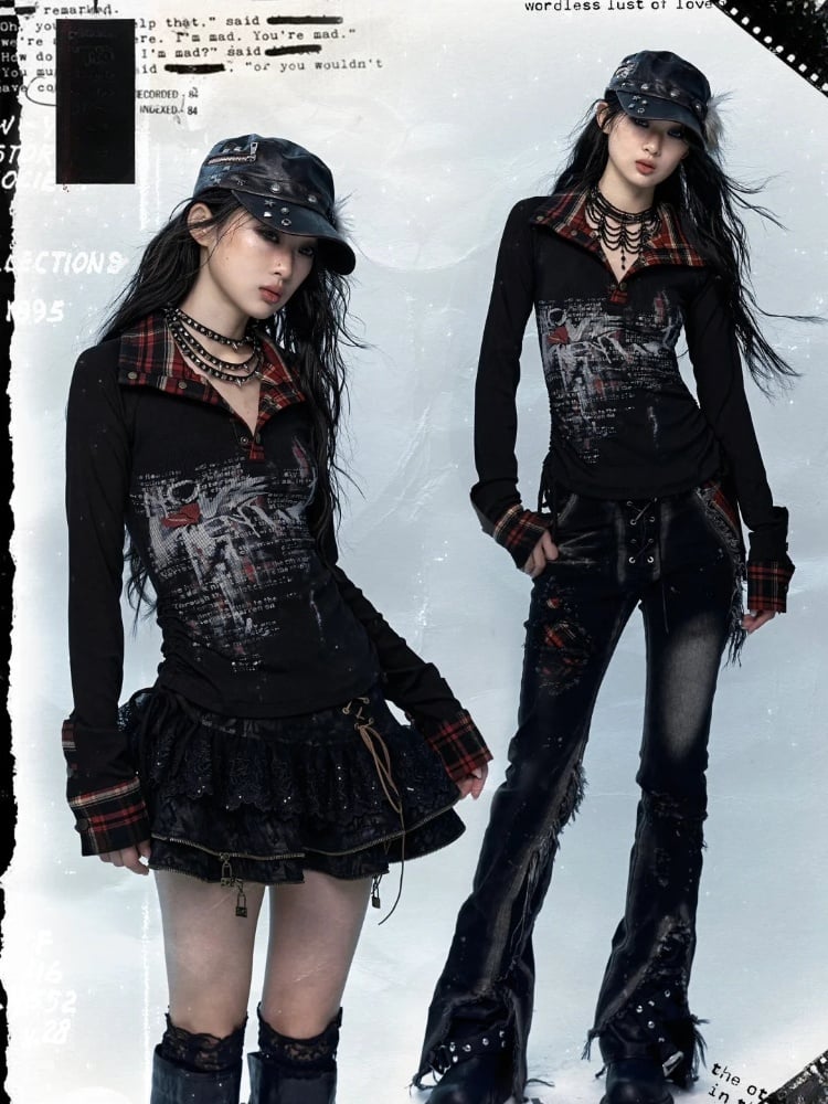 Black and Red Plaid Polo Collar Drawstring Waist Top