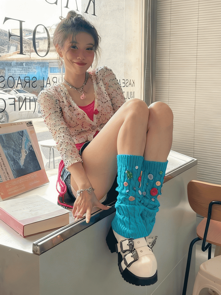 4 Color Options Multi-Color Buttons Knitted Leg Warmers