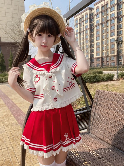 Matrosenkragen, Hasenohren-Design, JK-T-Shirt mit Rüschen, rosa/rot, Uniform