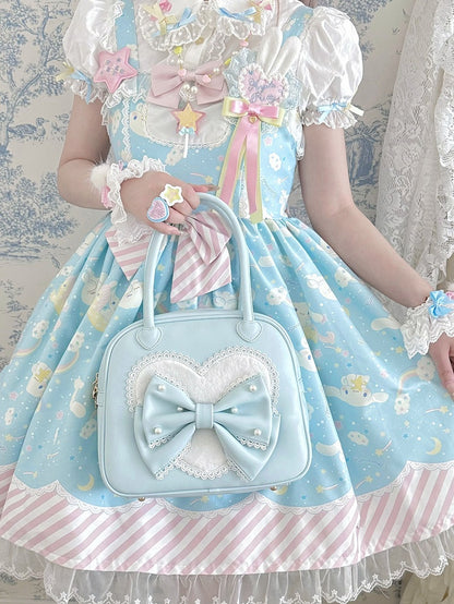 Herz Lolita Süße Hand Plüsch Verziert Bowknot Blau Perlen Tasche