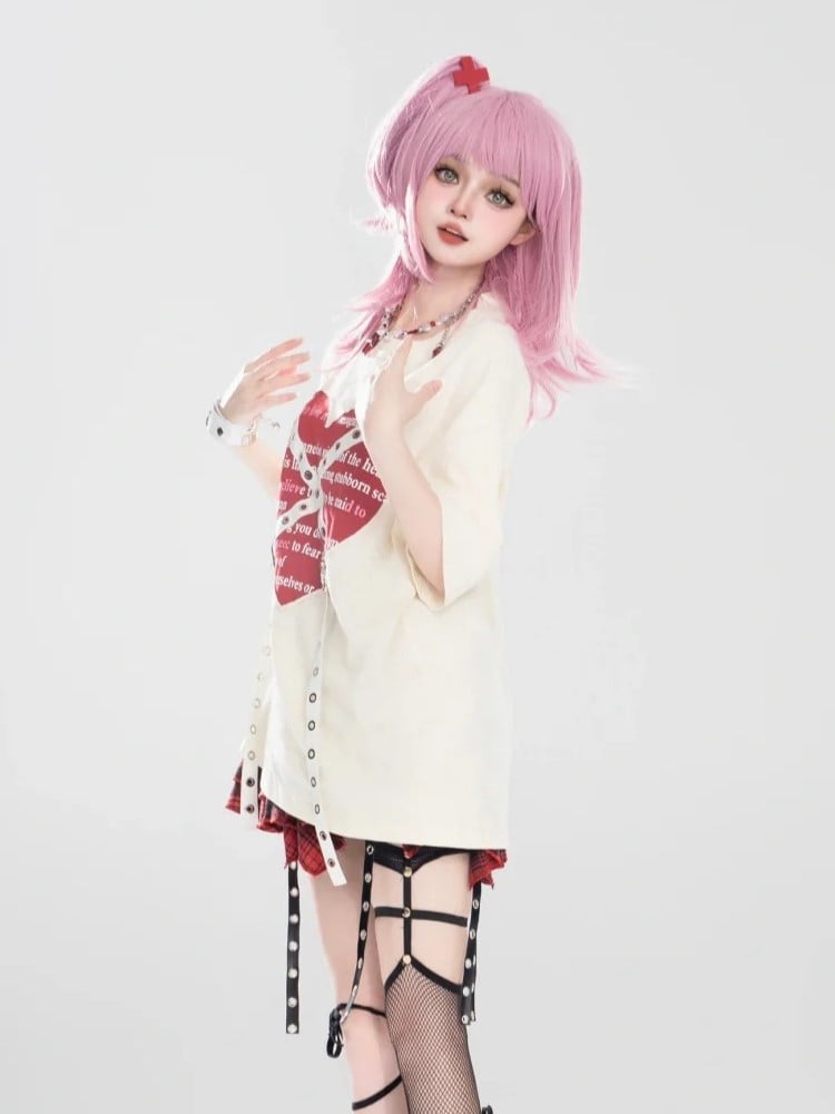 Red Apricot Top Straps With Skirt + Buckle Punk Print Pleated Metal Heart Black Plaid