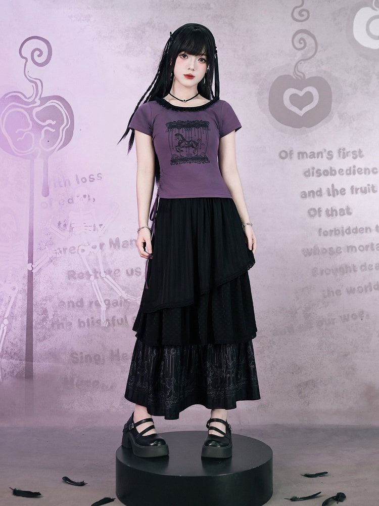 Purple Cotton Short Sleeve Square-Neck Tee with Carousel Print and Drawstring - Quirky Hut