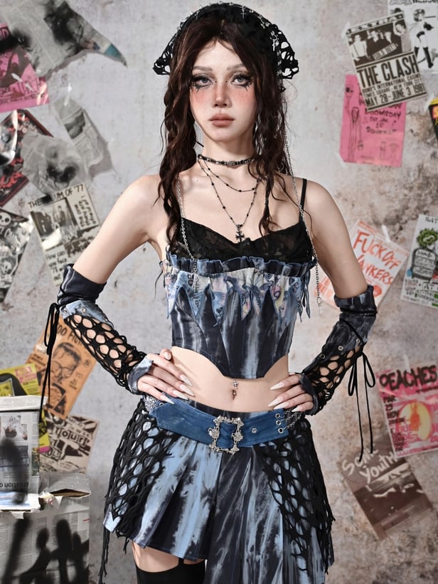 Grunge Punk Rock Fee Blau Spitze Wasserfallausschnitt Korsett mit Knochen Tie Dye Cami Top