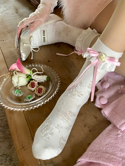 Trim Decoration White/Black Bowknot Lace Calf with Camellia Socks