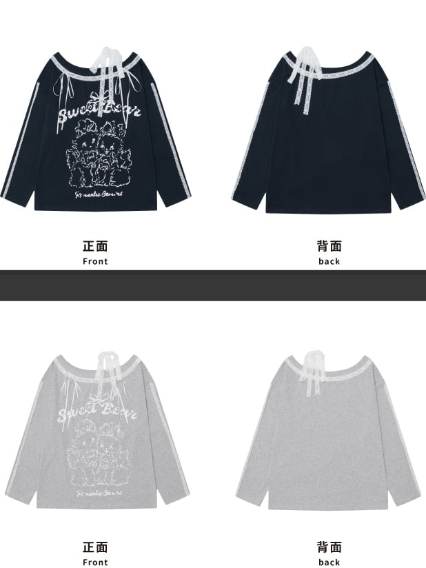 Graues Top mit asymmetrischem Ausschnitt und Cartoon-Spitzenakzenten