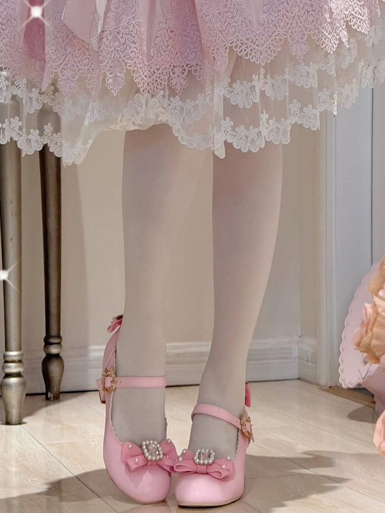 ジェーンズ ボウノット ラインストーン装飾 ラウンド メアリー ロリータ ディテール ビーズトゥ ピンク