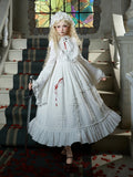 Long and Neckline Shaped Ruffles Ruffled Blood Version with Cross Lolita Embroidery Gothic Dress White