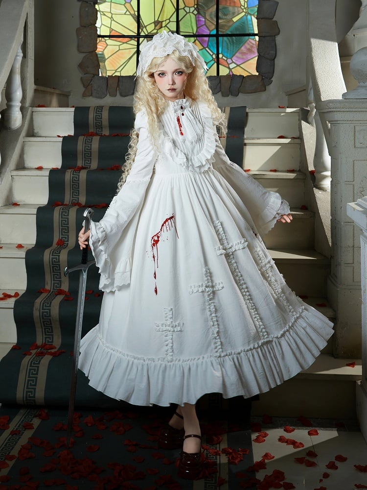 Long and Neckline Shaped Ruffles Ruffled Blood Version with Cross Lolita Embroidery Gothic Dress White