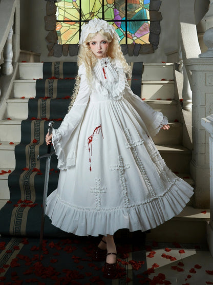 Gothic Lolita Dress with Blood Embroidery, Cross Ruffles & Ruffle Neckline, White Long - With PUJI