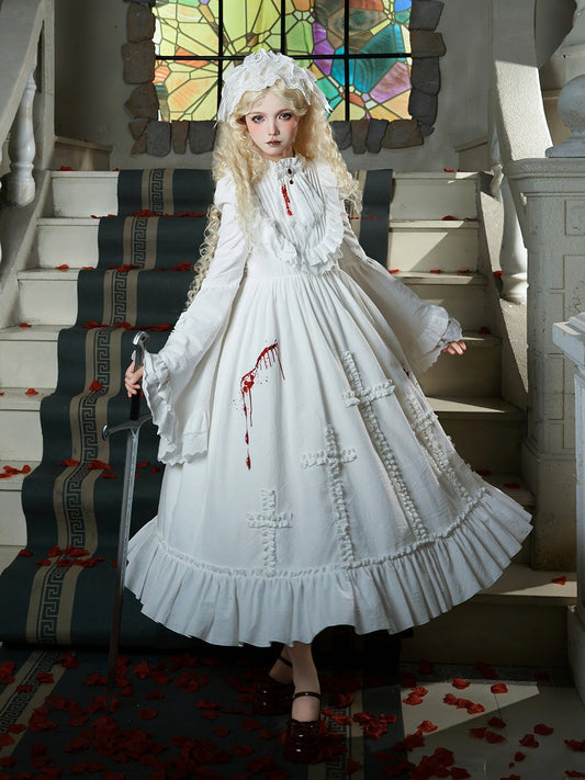 Gothic Lolita Dress with Blood Embroidery, Cross Ruffles & Ruffle Neckline, White Long - With PUJI